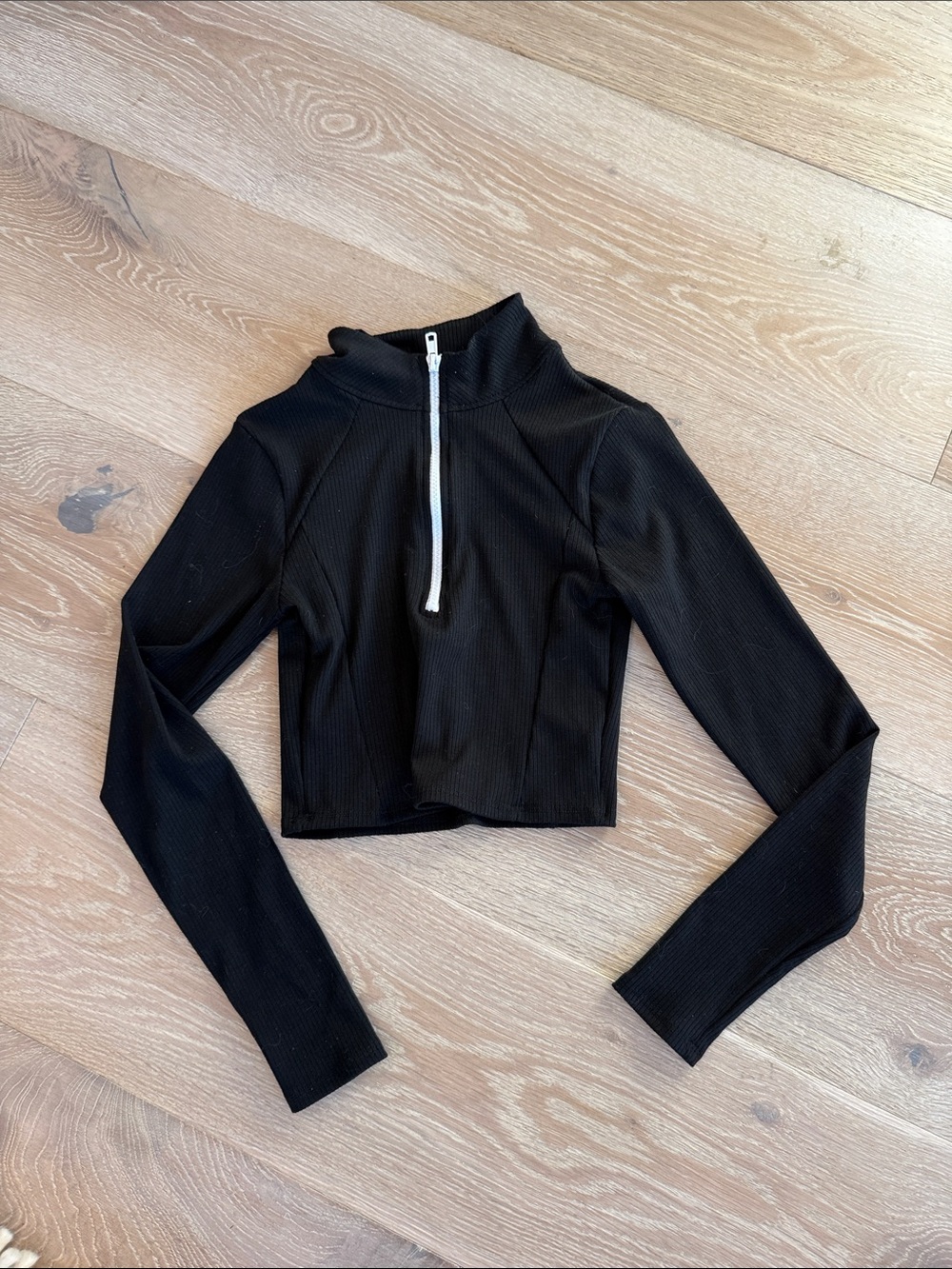 Tiger Friday Black Ribbed Half-Zip Cropped Long Sleeve Top